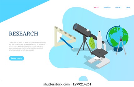 Research page with science items, telescope and microscope, globe and ruler vector. Scientific website, online discovery, medicine and laboratory. Webpage template landing page in flat