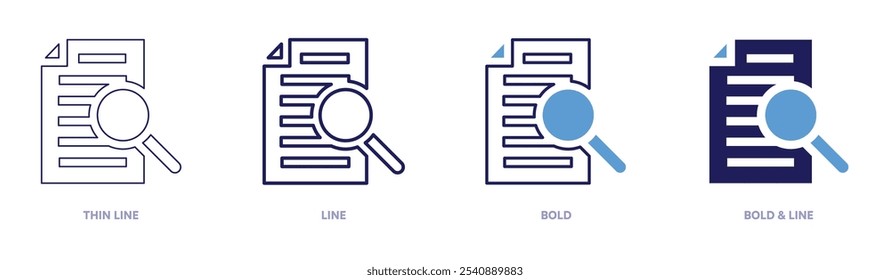 Icono de papel de investigación en 4 estilos diferentes. Línea delgada, línea, negrita y línea negrita. Estilo duotono. Trazo editable.