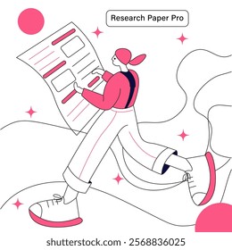 Research paper pro is a white background with a pink and black design. A man is writing on a piece of paper. The image is titled "Research Paper Pro". The man is wearing a red shirt and white pants