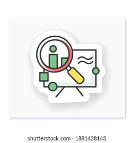 Research patch. Magnifier over data badge for designs. Custom sticker. Concept of project design, product analytics and technical solution choice. Vector emblem for web and creative industry