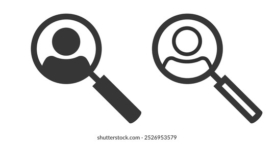 Research personal character icon vector, search find user person via magnifying glass simple symbol graphic pictogram set, employee account expertise, customer man quality investigation image