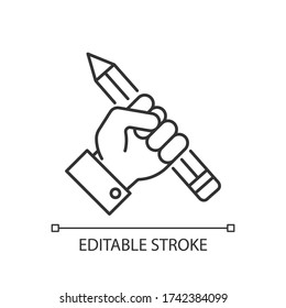 Icono lineal perfecto del píxel de investigación. Escritura creativa. Libertad de expresión. Taller independiente. Ilustración personalizable de línea delgada. Símbolo de contorno. Dibujo de contorno aislado del vector. Trazo editable