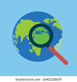 Erforsche den Planeten. Erkunden der Welt und des globalen Suchkonzepts. Planet Erde mit Lupe