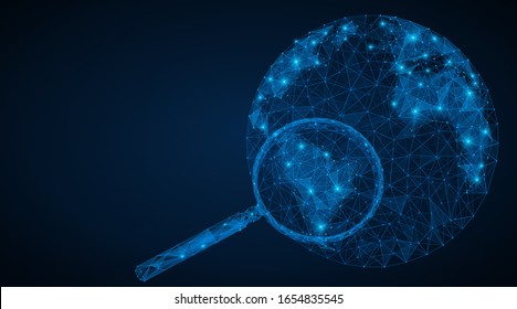 Research the planet, search for mineral deposits, market analysis in the country or on the continent. Low-poly model of the planet earth with a magnifying glass. Concept of triangular lines and points