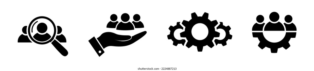 Research, progress, customer care and leadership icon set in flat style. Search man, customer retention, process and teamwork symbols Black business filled icons Vector illustration for graphic design