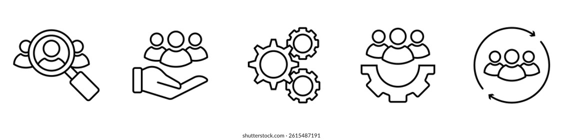 Research, progress, customer care and leadership icon set in flat style. Search man, customer retention, process and teamwork symbols Black business filled icons Vector illustration for graphic design