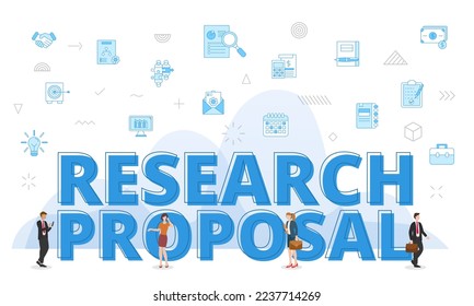 research proposal concept with big words and people surrounded by related icon spreading with modern blue color style
