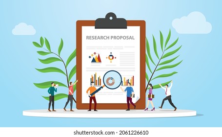 research proposal concept with people team analyze or analysis some data on paper document with modern flat style