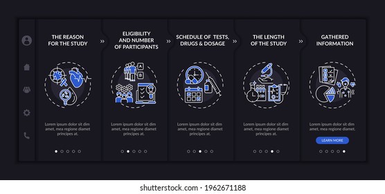 Research protocol parts onboarding vector template. Responsive mobile website with icons. Web page walkthrough 5 step screens. Reason, length study night mode concept with linear illustrations