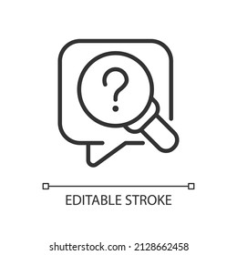 Research question linear icon. Looking for information. Question mark and magnifier glass. Thin line illustration. Contour symbol. Vector outline drawing. Editable stroke. Arial font used