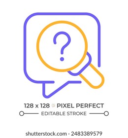 Research question two color line icon. Speech bubble and question mark bicolor outline symbol. Magnifier symbolizes investigation. Duotone linear pictogram. Isolated illustration. Editable stroke