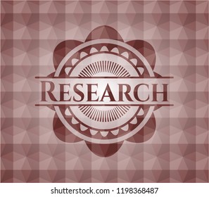 Research red seamless emblem with geometric pattern background.
