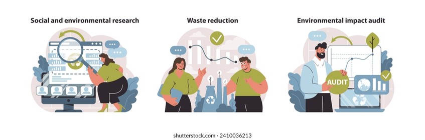 Research and reduction set. Probing social-environmental issues, championing waste minimization, scrutinizing ecological impacts. Seeking actionable insights for a greener tomorrow. Flat vector.