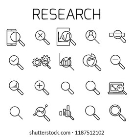 Research related vector icon set. Well-crafted sign in thin line style with editable stroke. Vector symbols isolated on a white background. Simple pictograms.