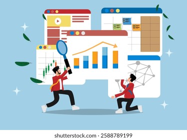 Research result analysis report, Artificial intelligence, diagram dashboard, financial graph statistics, analyzing data, SEO or optimization concept, investment, two businessmen with magnifying glass