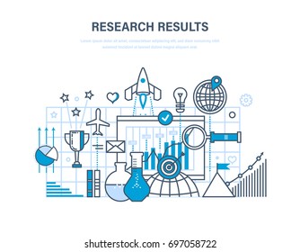 Research results concept. Marketing research, data analysis, analysis and statistics of indicators, management, training. Illustration thin line design of vector doodles, infographics elements.