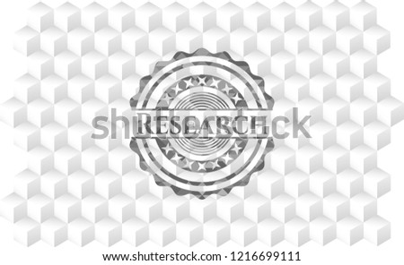 Research retro style grey emblem with geometric cube white background