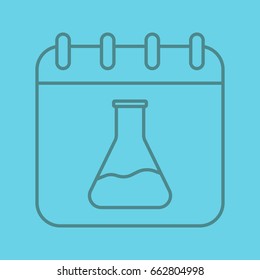 Research schedule color linear icon. Calendar page with chemical lab flask. Thin line outline symbols on color background. Vector illustration
