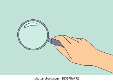 Research. science, analysis, business, optics concept. Businessman scientist detective cartoon hand holding magnifying glass. Search for problem solutions scientific expreriment closeup illustration.