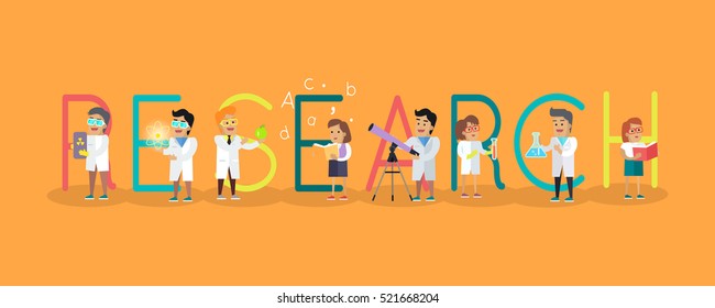Research science banner. Human characters in white gowns with scientific equipment. Educational concept. Health care. Vector illustration in flat style. For education sources ad, infographics, web