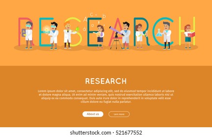Research science banner. Human characters in white gowns with scientific instruments. Educational concept. Health care. Vector illustration in flat style. For education sources ad, infographics, web