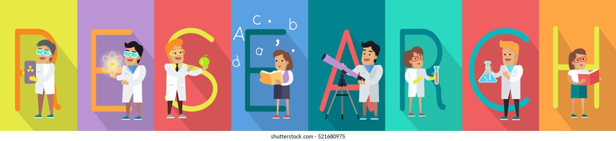 Research science banner. Human characters in white gowns with scientific equipment. Educational concept. Health care. Vector illustration in flat style. For education sources ad, infographics, web