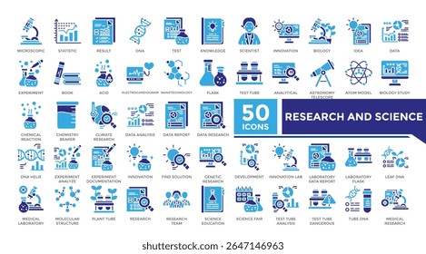 Ícone de pesquisa e ciência sólido coleção de dois conjuntos de cores. Este conjunto inclui microscópicos, resultados, científicos, analisar, dna, laboratório, pesquisa de dados e mais ícones. Coleção de ícones de vetor para infográficos