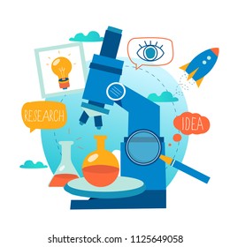 Research, science lab, scientific experiment, testing, microscope research flat vector illustration design for mobile and web graphics