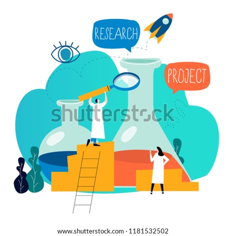 Research, science lab, scientific experiment, testing, laboratory research flat vector illustration design for mobile and web graphics. Science and medical research concept