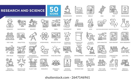 Coleção de conjuntos de ícones de pesquisa e ciência. Este conjunto inclui microscópico, resultado, científico, analisar, dna, nanotecnologia, pesquisa de dados e mais ícones. Coleção de ícones de vetor para infográficos