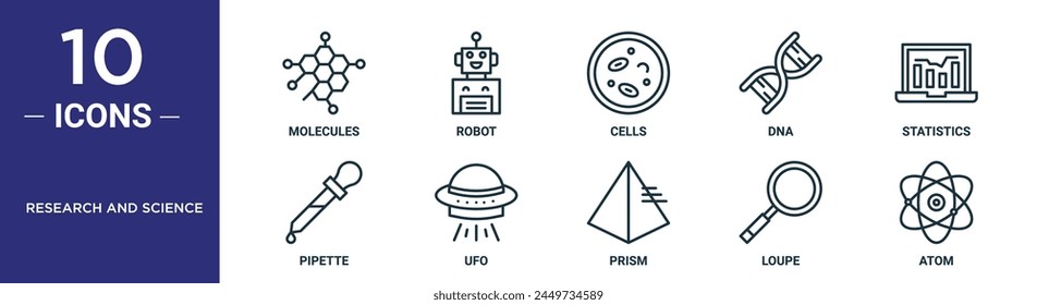 el conjunto de iconos del esquema de la investigación y de la ciencia incluye moléculas delgadas de la línea, robot, células, adn, estadísticas, pipeta, iconos del ovni para el informe, presentación, diagrama, Diseño web