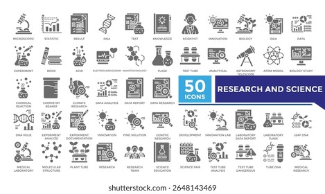 Coleção de conjuntos de ícones sólidos de pesquisa e ciência. Este conjunto inclui microscópico, resultado, científico, analisar, dna, nanotecnologia, pesquisa de dados e mais ícones. Coleção de ícones de vetor para infográficos