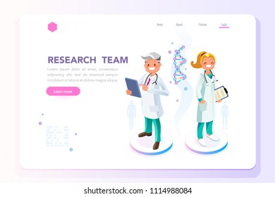 Research, science and technology concept. Scientists characters standing together. Can use for web banner, infographics, hero images. Flat isometric people vector illustration.