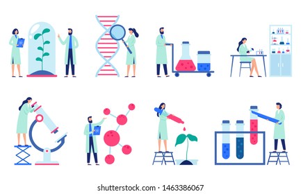 Research scientist. Science laboratory, chemistry scientists and clinical lab. Medical research items, clinical science laboratories experiments. Isolated flat vector illustration icons set