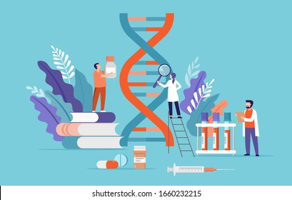 Research scientist. Science laboratory, chemistry scientists and clinical lab. Medical research items, clinical science laboratories experiments. Dna, genetic test concept vector illustration