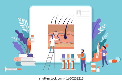 Research scientist. Science laboratory, chemistry scientists and clinical lab. Medical research items, clinical science laboratories experiments. Skin inspection, concept vector illustration