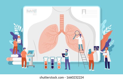 Research scientist. Science laboratory, chemistry scientists and clinical lab. Medical research items, clinical science laboratories experiments. Lungs, internal organ inspection, concept vector