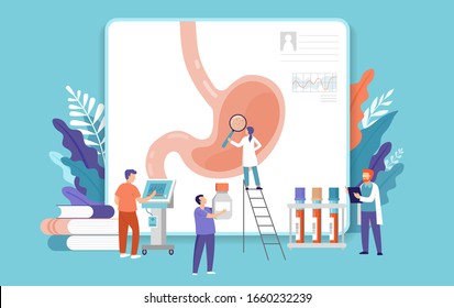 Research scientist. Science laboratory, chemistry scientists and clinical lab. Medical research items, clinical science laboratories experiments. Stomach, gastroscopy test concept vector illustration