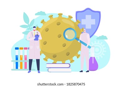 Research Scientist is Using a Tablet Computer in a Modern High-Tech Laboratory. Genetics and Pharmaceutical Studies and Researches concept. Vector flat cartoon illustration