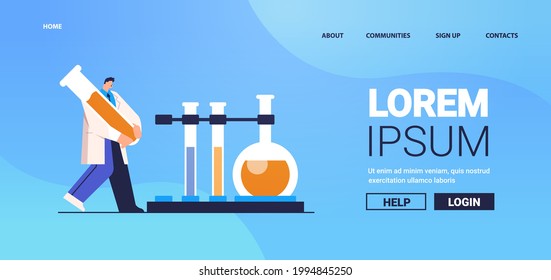 research scientist working with test tube man researcher making chemical experiment in laboratory