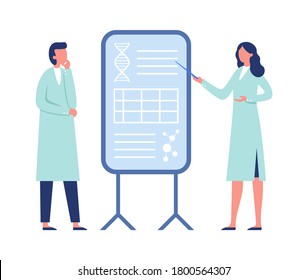 Research scientist working together. Woman in coat pointing to board with dna genetic code, molecules. Man listening to information, laboratory medical specialists vector illustration