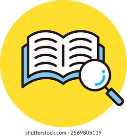 Research and search icon. Illustration with a magnifying glass on a book or notebook.