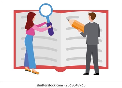 Research, search for information. People with a book. Library. Vector simple color flat illustration.