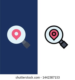 Research, Search, Map, Location  Icons. Flat and Line Filled Icon Set Vector Blue Background