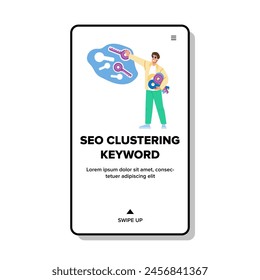 research seo clustering keyword vector. analysis ranking, algorithm target, audience relevance research seo clustering keyword web flat cartoon illustration