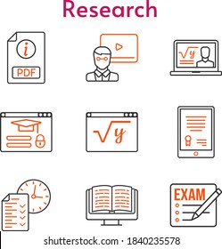 research set. included exam, tablet, professor, pdf, teacher, ebook, test, maths, login icons. bicolor styles.