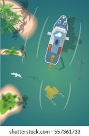 Research Ship And Submarine. Top View Vector Illustration.