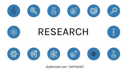 búsqueda simple iconos conjunto. Contiene iconos como Investigación, Búsqueda, Química, Células de Sangre, Analítica, Examen, Molecular, Estrategia, Matraz, puede ser usado para web, móvil y logotipo