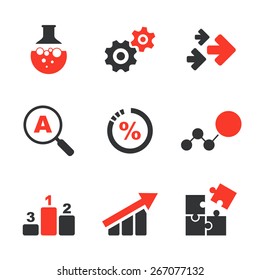 Research Simple Vector Icon Set - Bottle, Wheels, Arrows, Search, Process, Steps, Graph And Puzzle