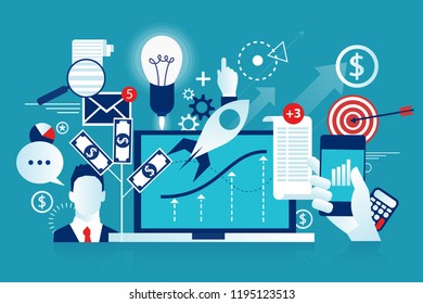 Research strategy statistic and planning, marketing, study of performance indicators. Business analysis and data analytics concept isolated on blue background. Eps 10 Vector illustration Minimal style